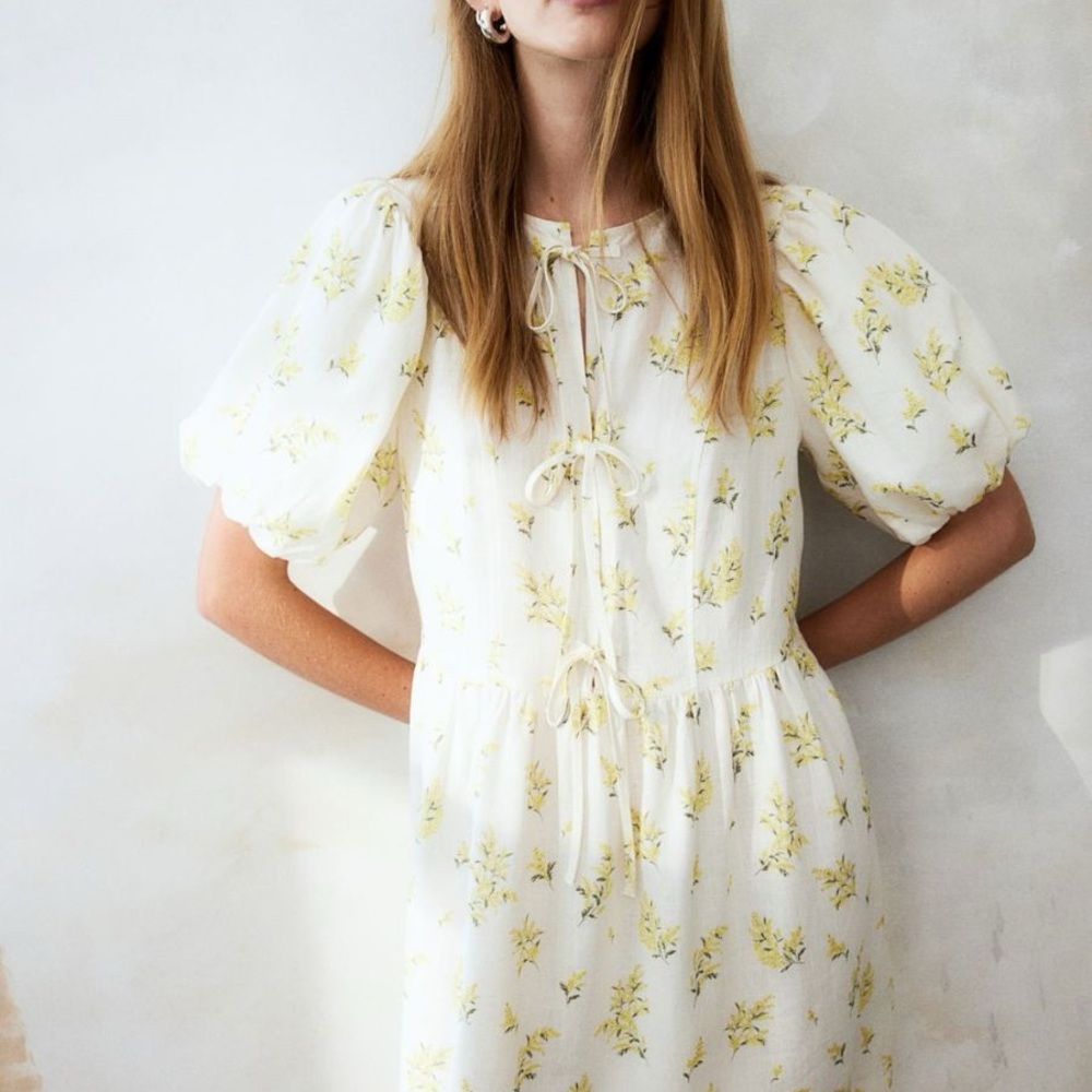 Women’s Size Large Linen Blend Floral Puff Sleeve Dress Cottage Boho Prairie
